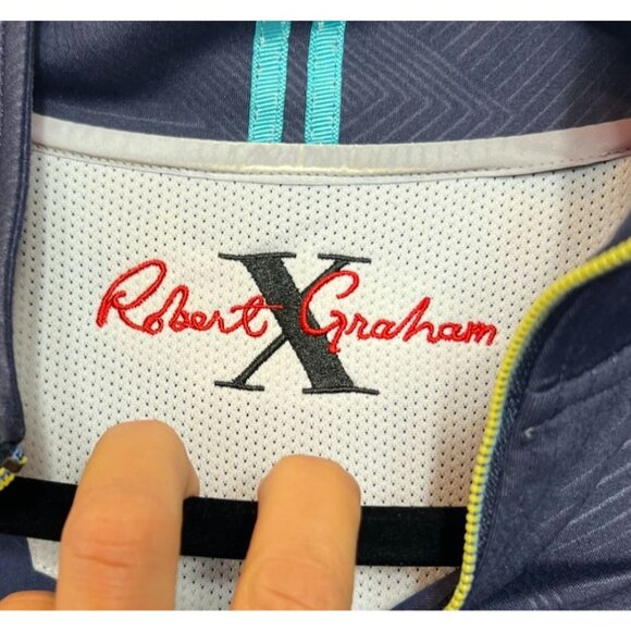 Robert Graham Navy Quarter-Zip Pullover Geometric Pattern Zipper Pocket Large - Picture 5 of 12